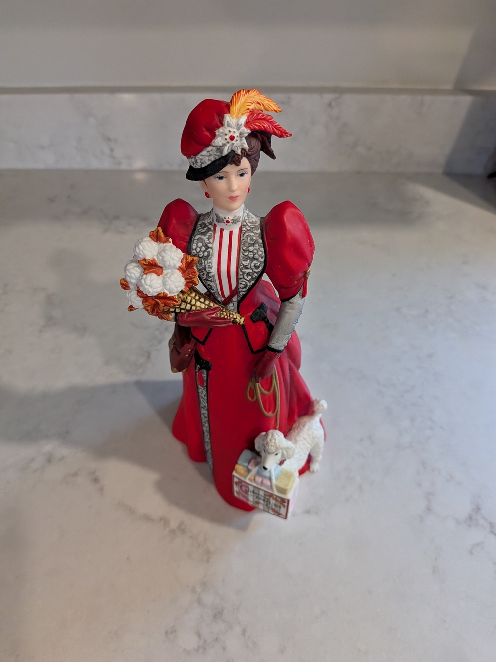 Vintage 1998s AVON Red DRESS Lady Figurine 10" with Bouquet and Poodle